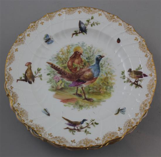 Two Meissen outside decorated plates and a similar Berlin outside decorated plate, 21.5cm